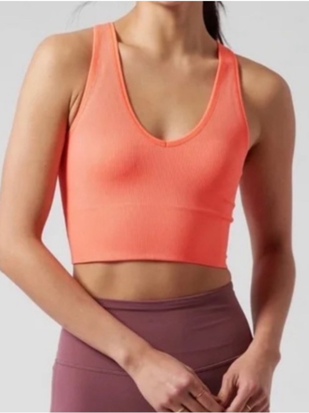 Athleta Aurora Ribbed Cropped V neck Tank, orange, size Medium